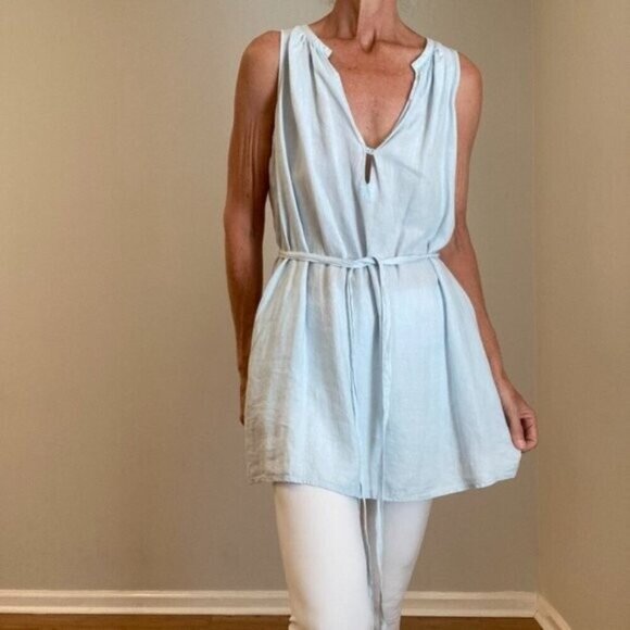 Eileen Fisher 100% Irish Linen V-Neck Belt Tunic Top Pockets Baby Blue size 1X - Picture 2 of 13